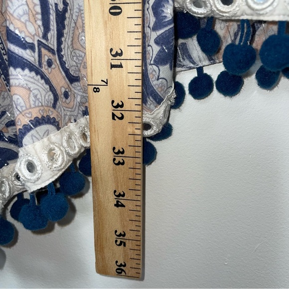 Tularosa Evolette Blue & White Paisley Pom-Pom Metallic Thread Mini Dress Size M - Picture 14 of 16